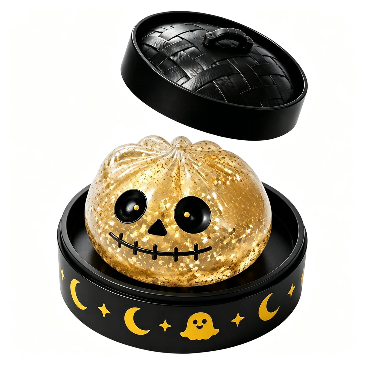 Skeleton Halloween squishy toy in black dumpling container