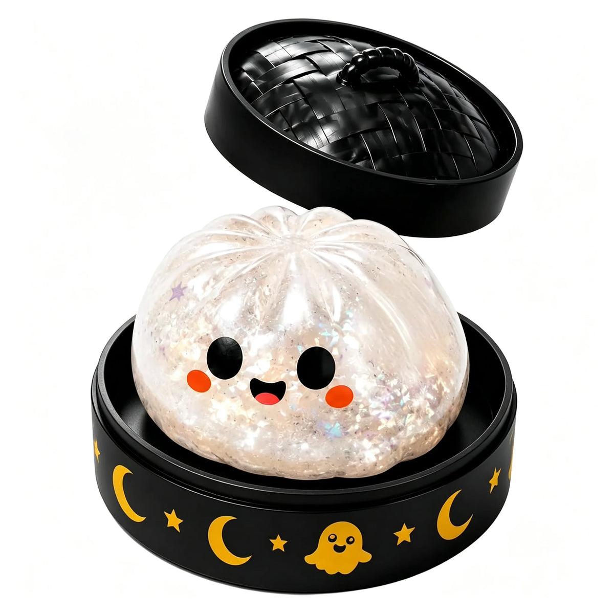 White ghost Halloween squishy toy in black dumpling container