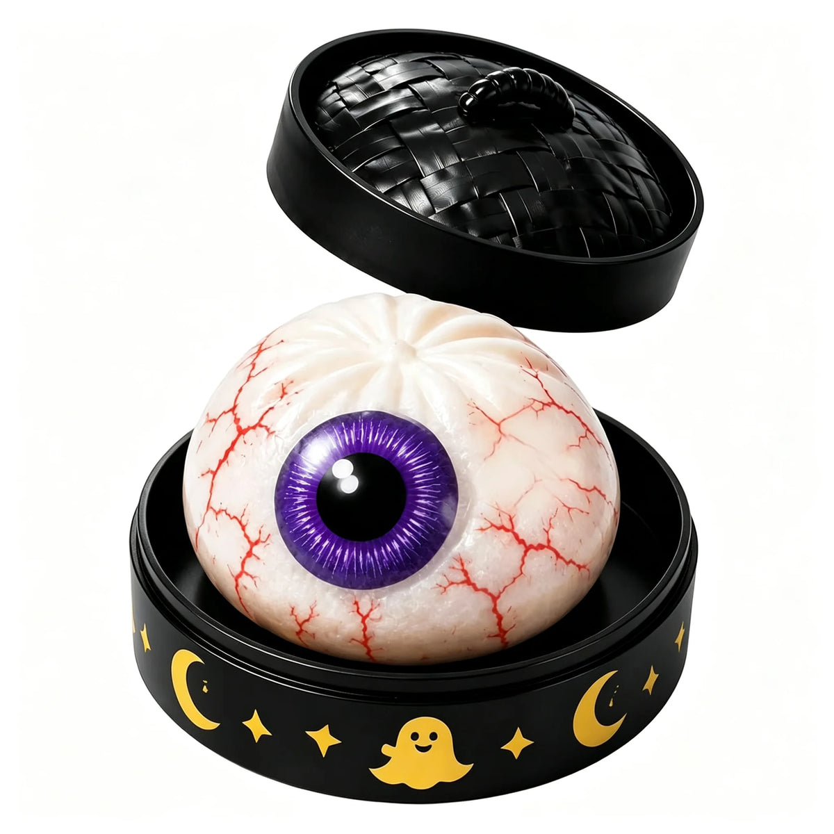 Eyeball Halloween squishy toy in black dumpling container