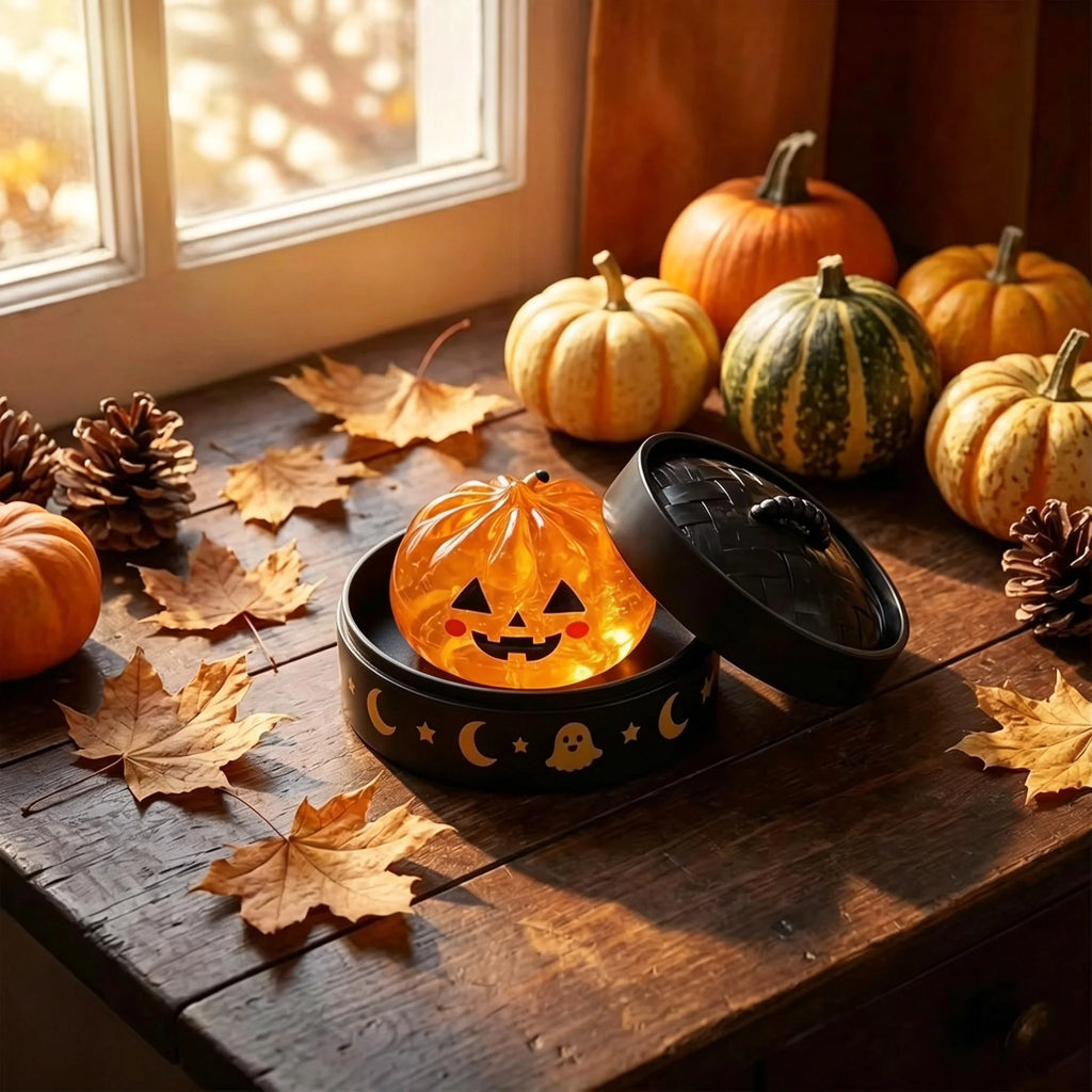 Pumpkin Halloween squishy in black dumpling container with fall decor