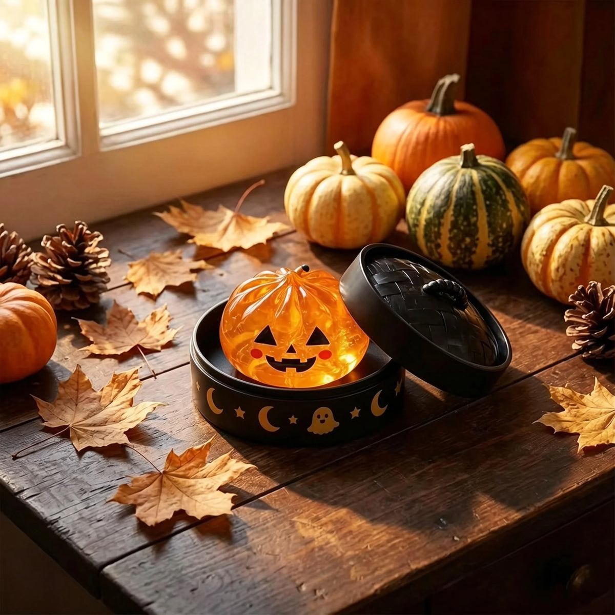 Pumpkin Halloween squishy in black dumpling container with fall decor