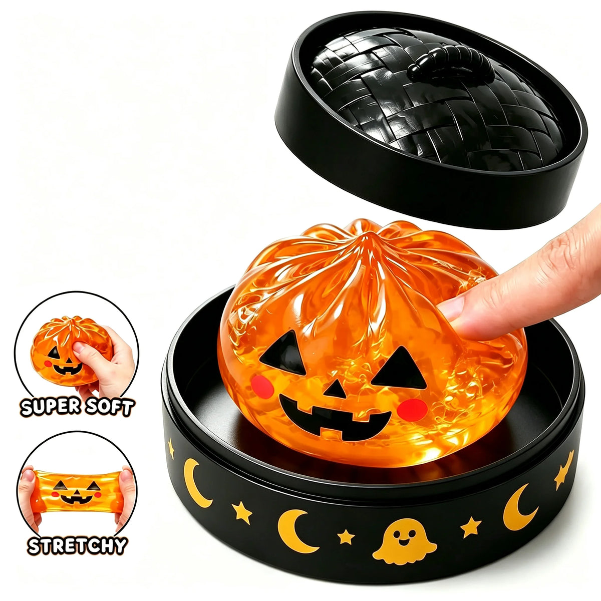 Orange Halloween pumpkin squishy toy in black dumpling container