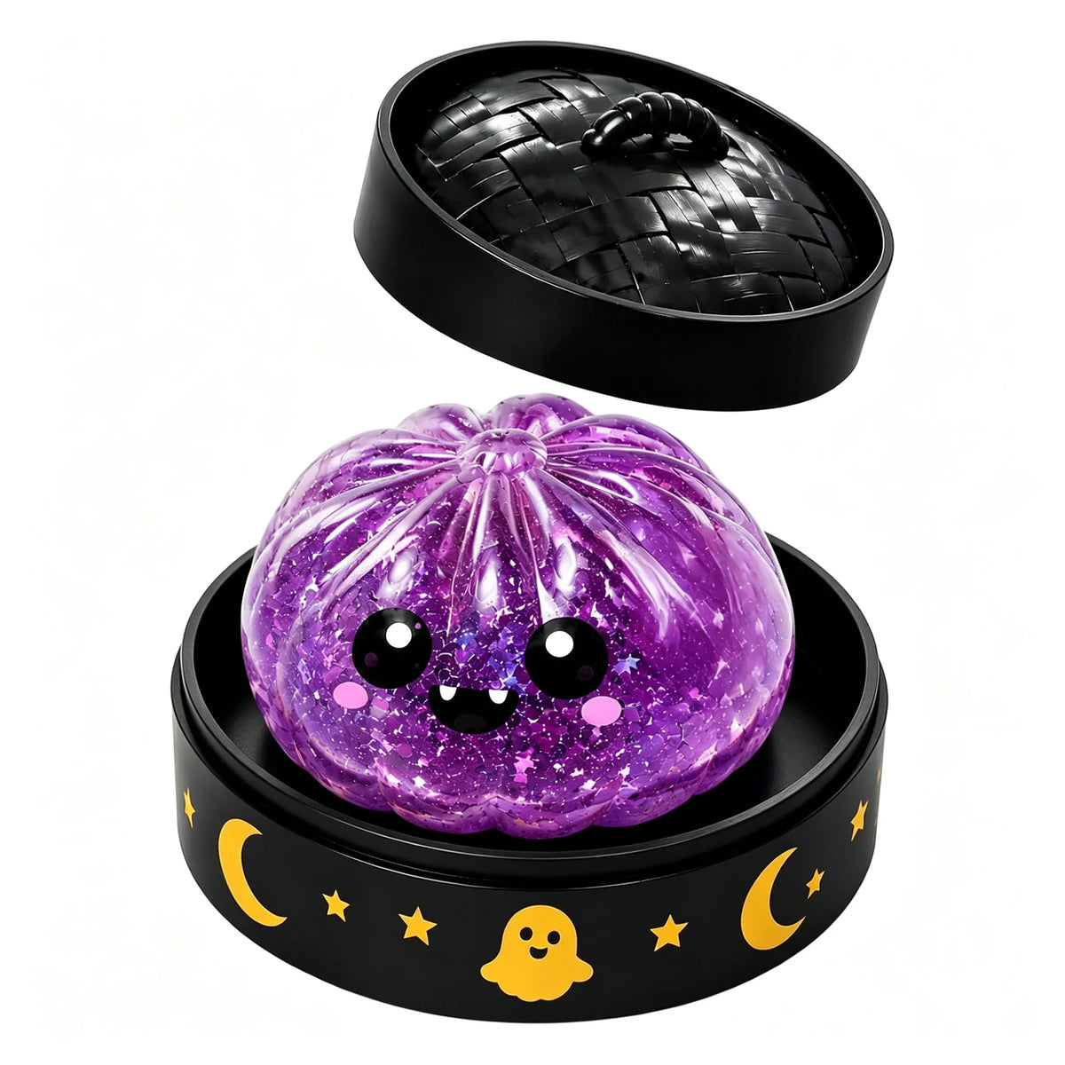 Purple Halloween squishy toy in black dumpling container