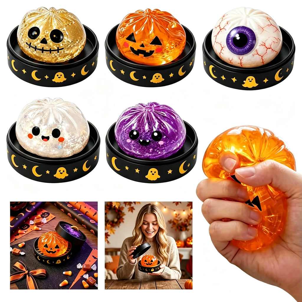 Halloween squishy dumpling toys in pumpkin, ghost, eyeball, skeleton and purple styles