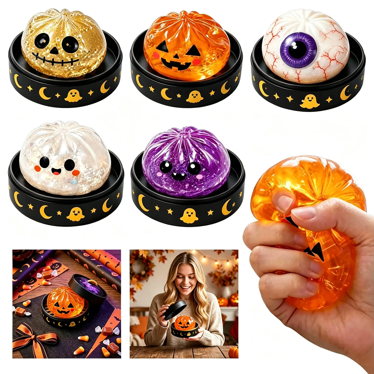 Halloween squishy dumpling toys in pumpkin, ghost, eyeball, skeleton and purple styles