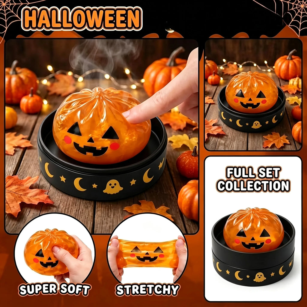Orange pumpkin Halloween squishy toy being squeezed and stretched